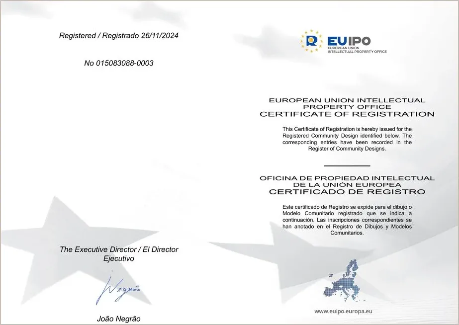 EUIPO certificate of registration for Embrace Bed